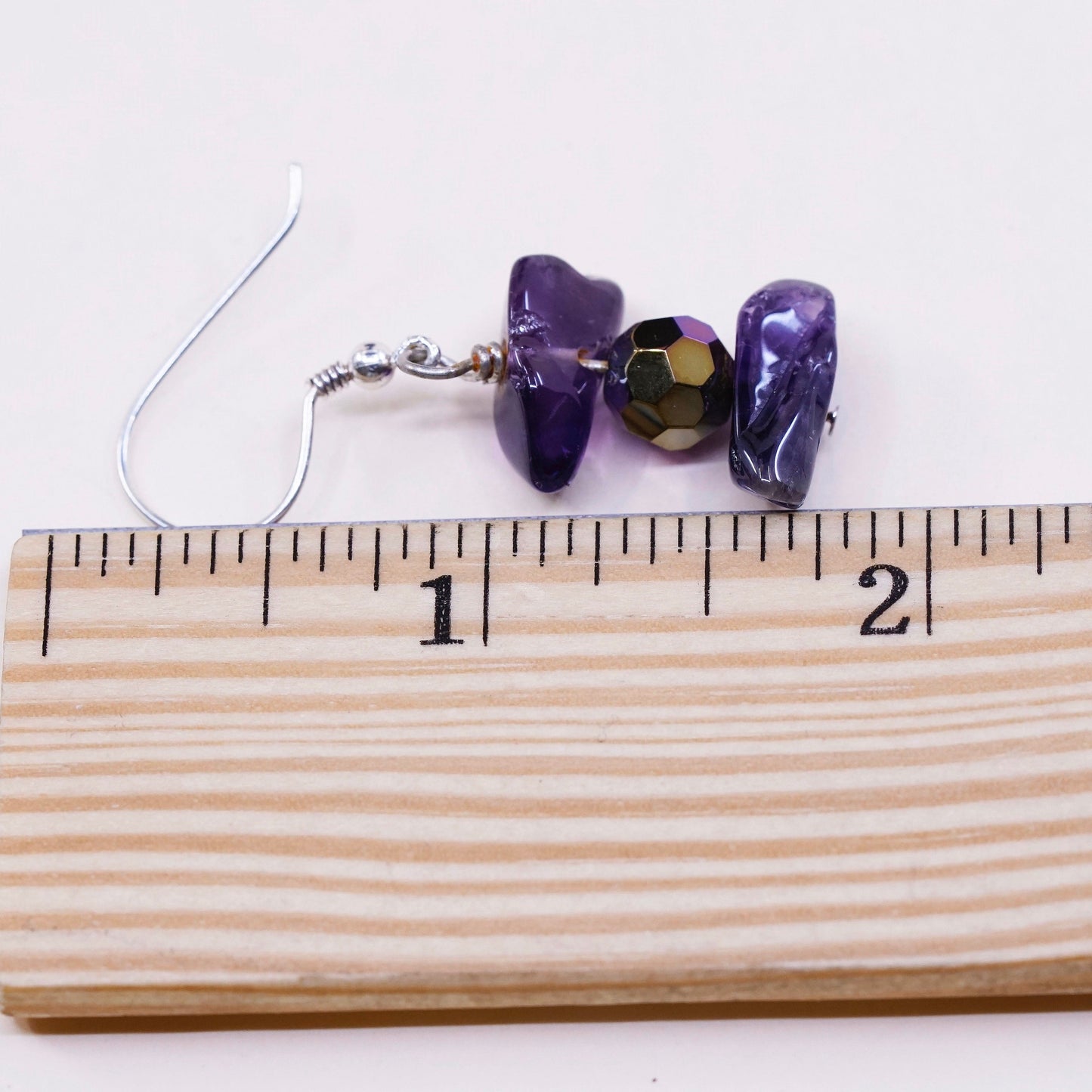 vtg sterling silver handmade earrings, 925 hooks w/ amethyst Nugget