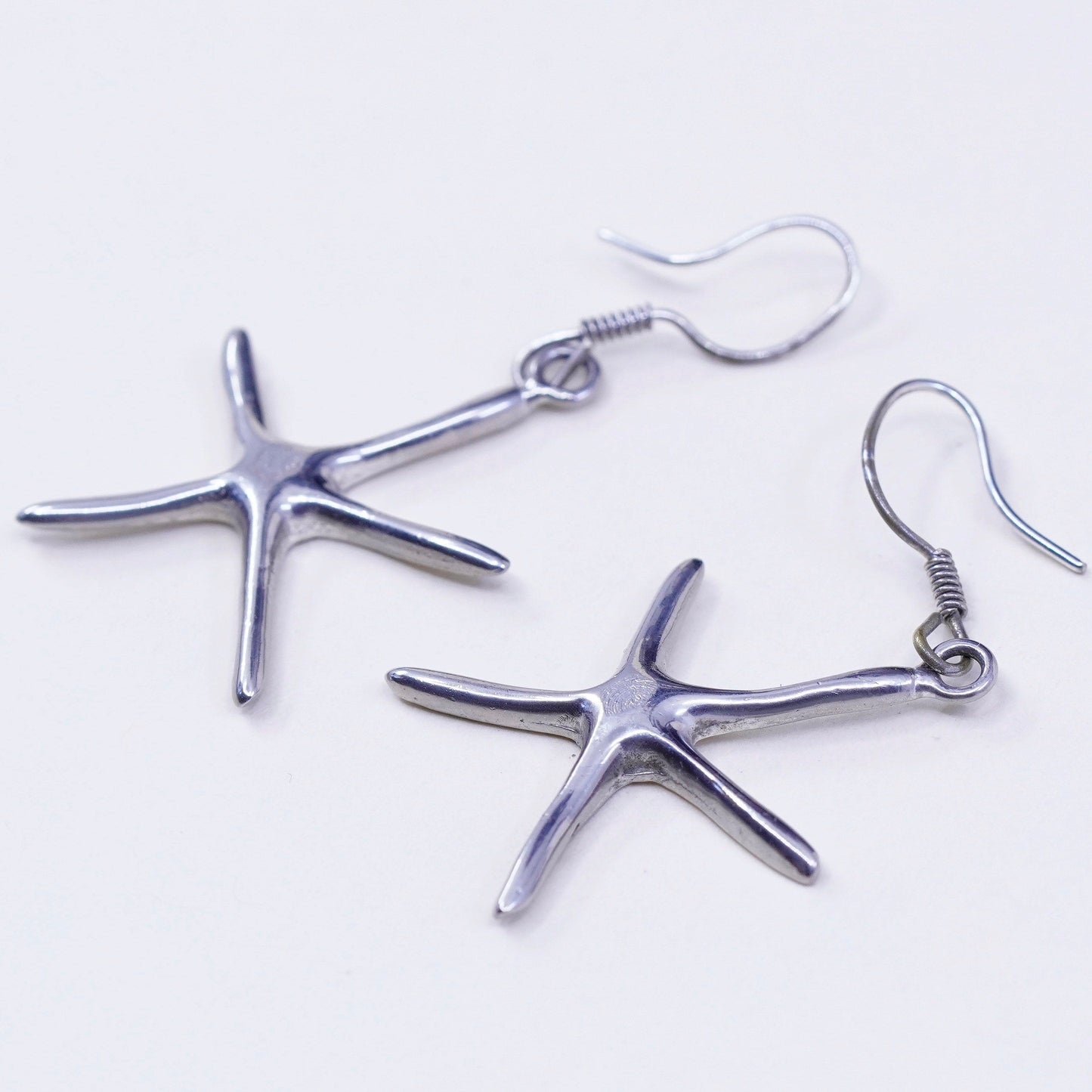 Vintage sterling silver modern earrings, 925 textured star starfish w/ crystal