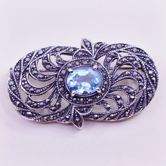 Vintage Sterling 925 silver handmade filigree brooch with topaz and marcasite