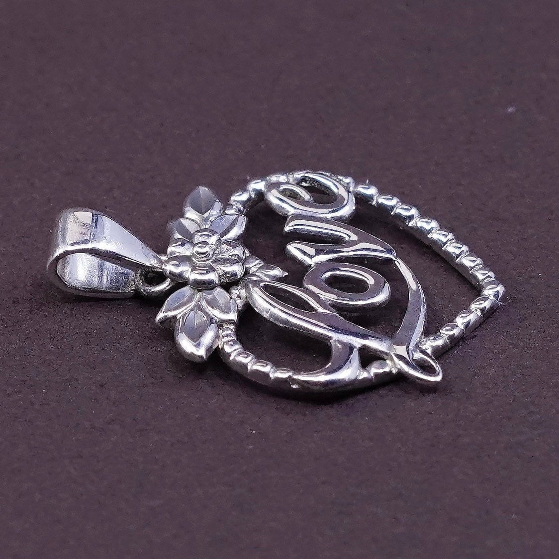 vtg Sterling silver handmade pendant, 925 heart charm w/ love inside
