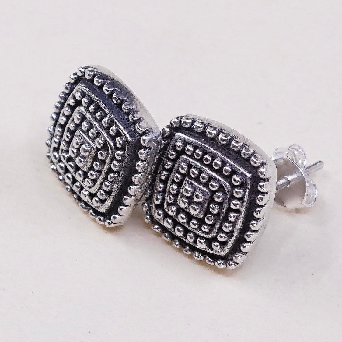 vtg sterling silver handmade earrings, solid 925 silver studs with beads