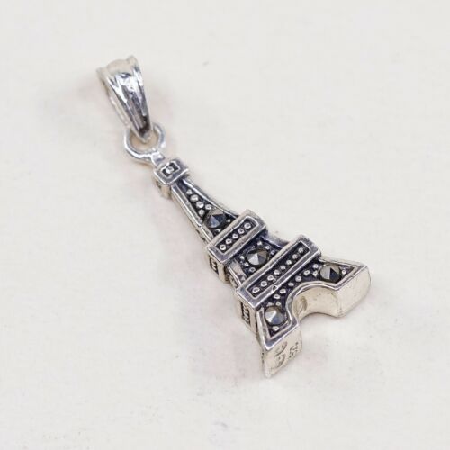 Vtg Handmade Sterling 925 silver Tower Pendant W/ Marcasite, Charm, Stamped S925