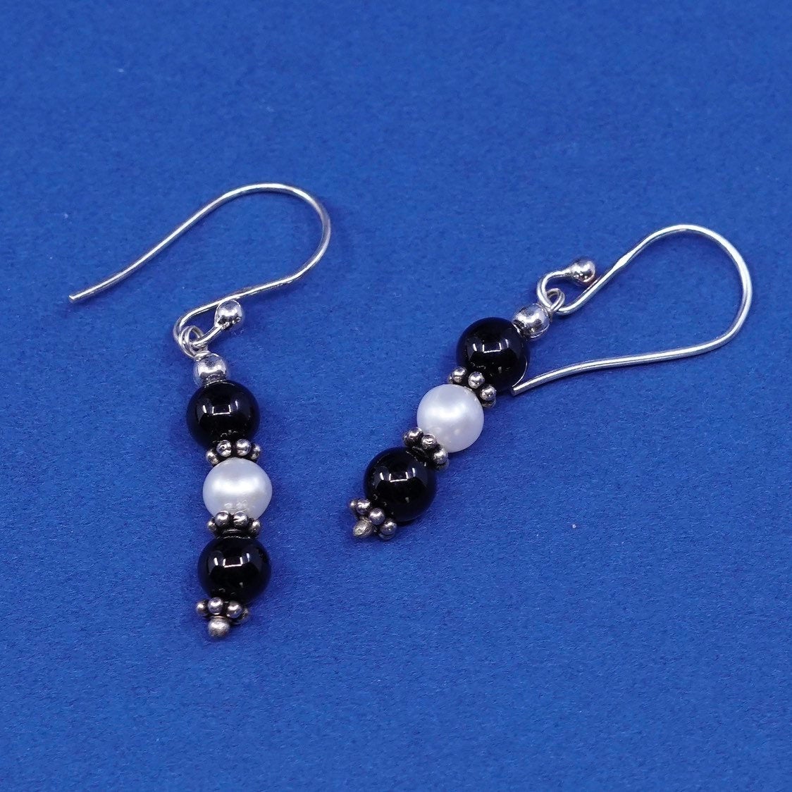 vtg Sterling silver handmade earrings, 925 w/ pearl N obsidian drops