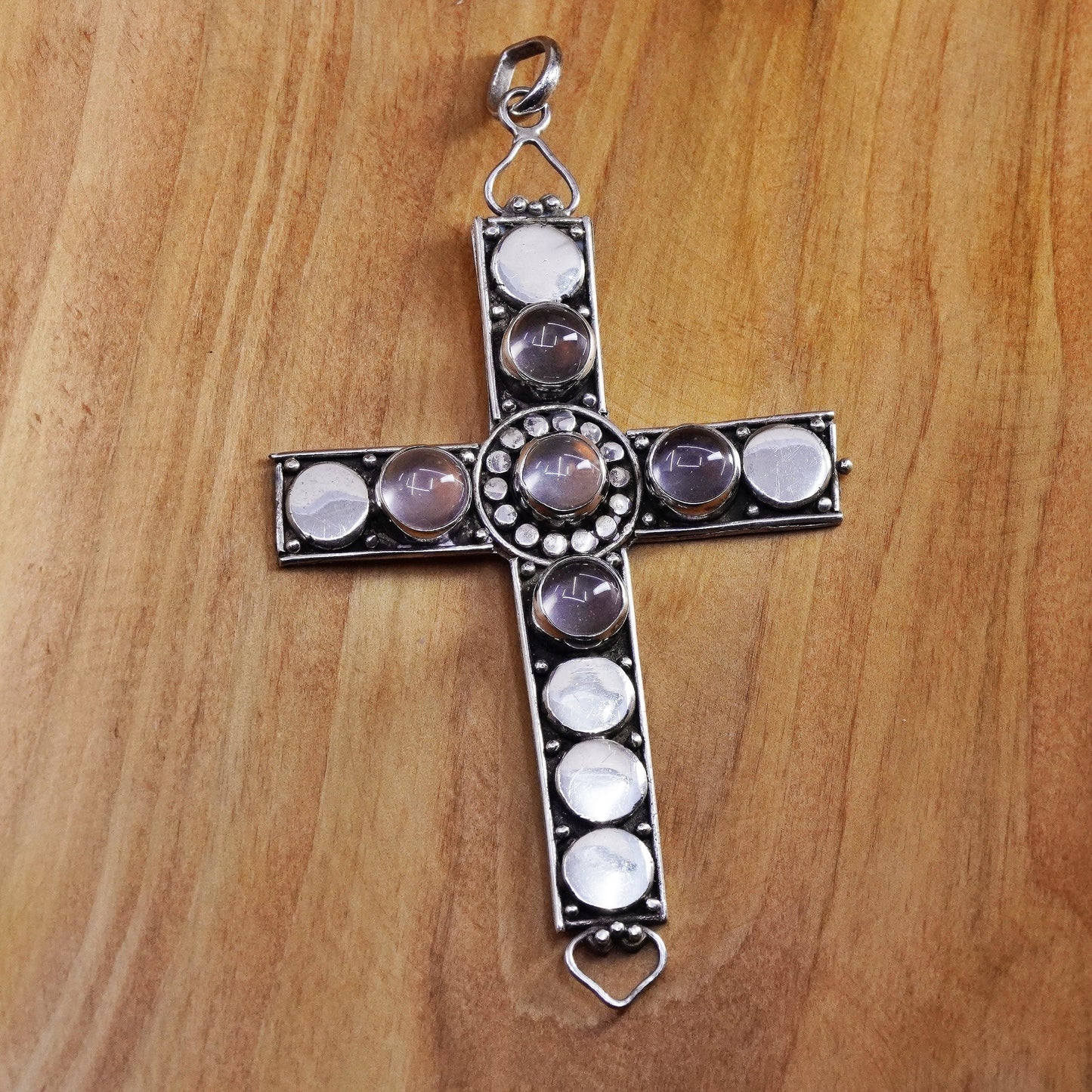 Vintage Sterling silver handmade pendant, huge 925 cross with moonstone beads