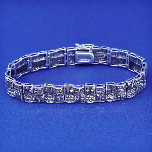 7.5”, vintage sterling 925 silver tennis square bracelet with marcasite detail