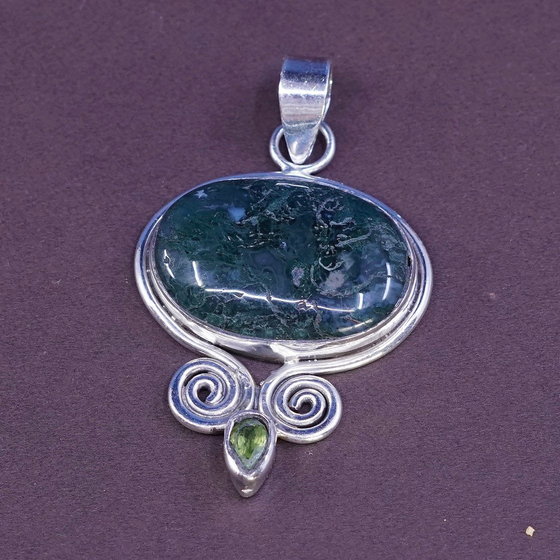 vtg Sterling silver handmade pendant w/ dendritic agate and peridot