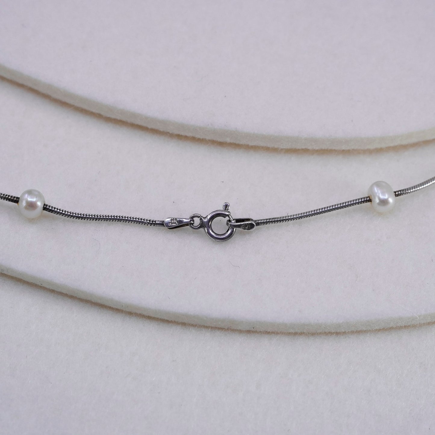 16”, vintage Sterling 925 silver handmade snake chain necklace with pearl beads