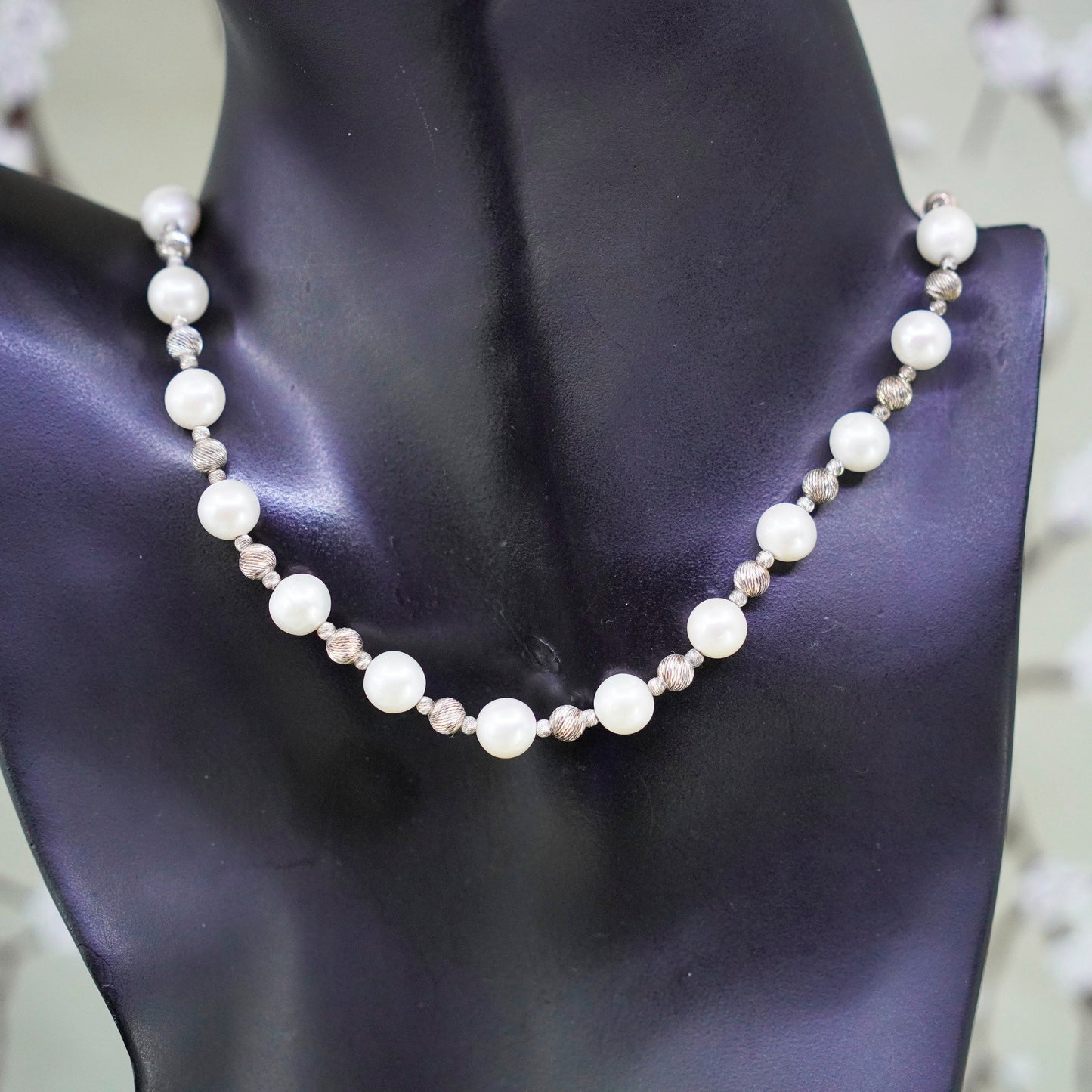 18”, Vintage sterling 925 silver handmade necklace with 8mm pearl beads