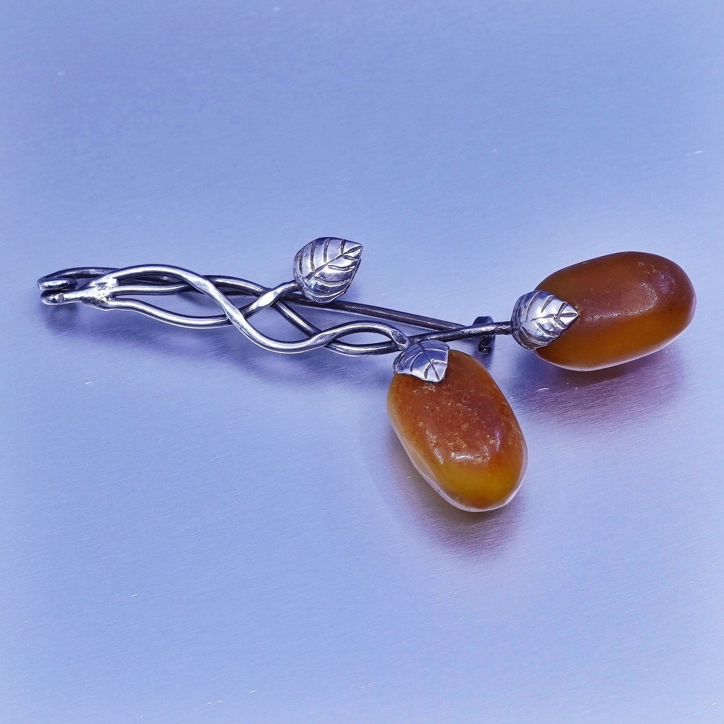 Vintage Sterling 925 silver handmade brooch, leaves vine pin with amber