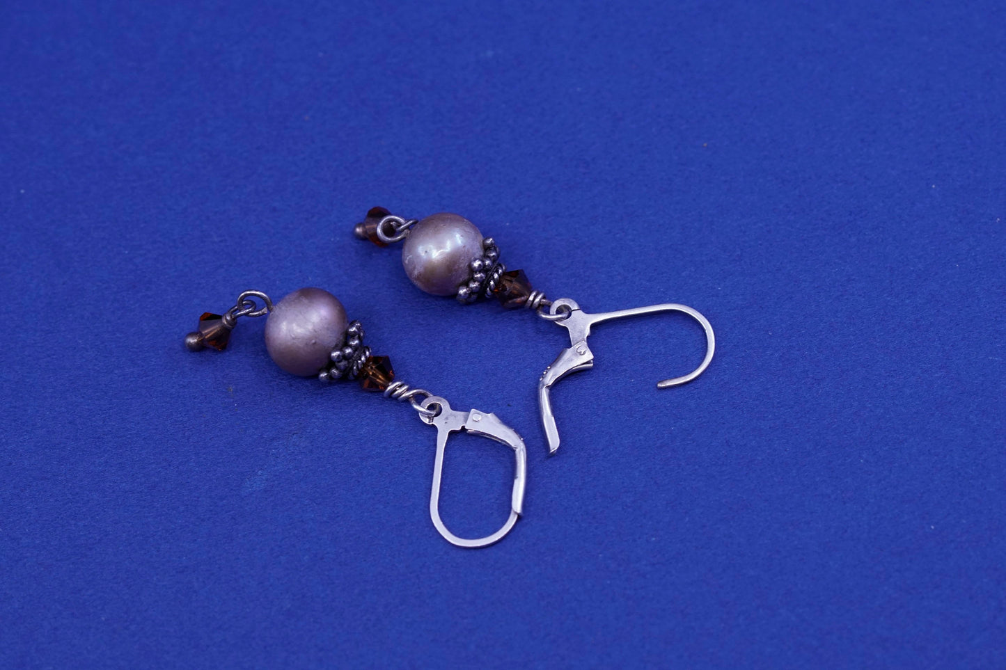 vtg Sterling silver handmade earrings, 925 hooks with purple pearl and crystal