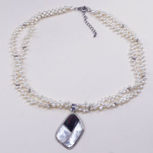 Lucas Lameth LUC Sterling 925 Silver Mop Abalone Pendant W/ Pearl Beads Necklace