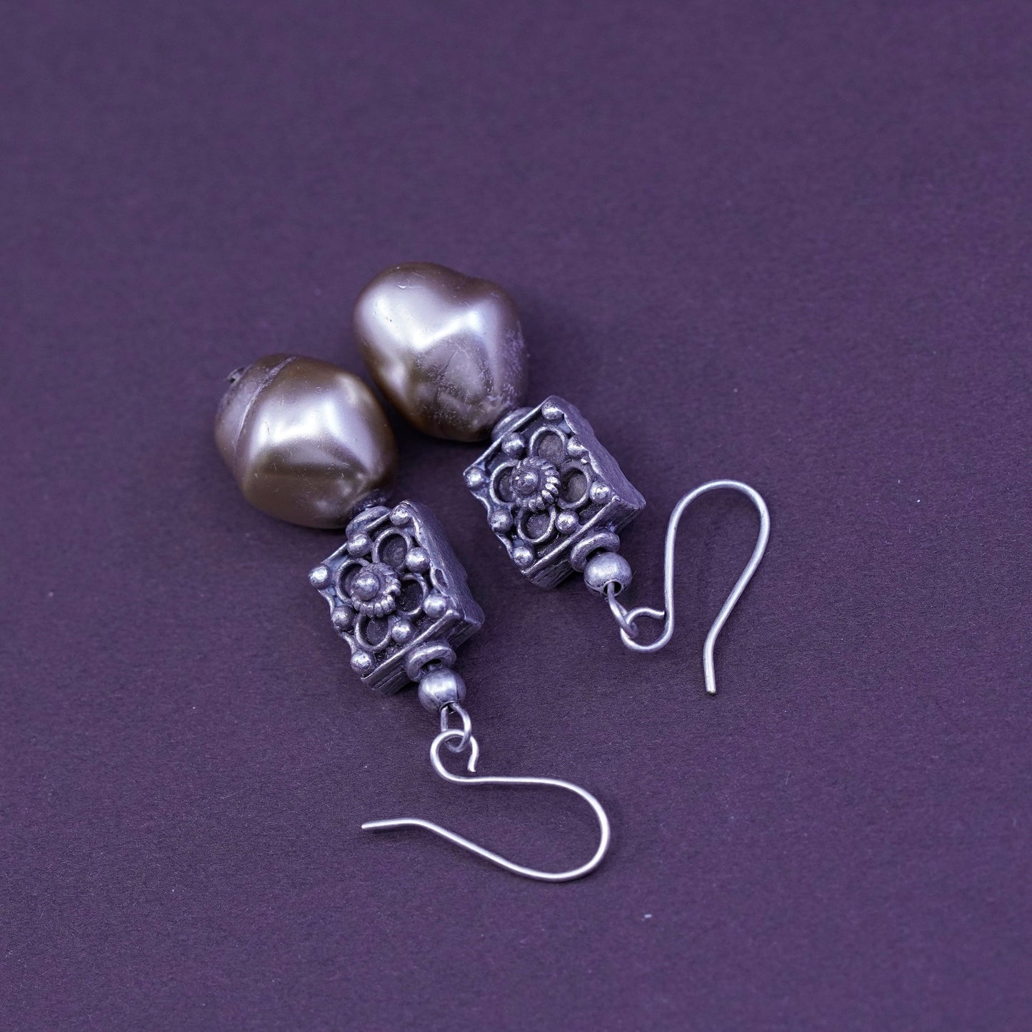 Vintage sterling silver handmade earrings, 925 beads with pearl drops