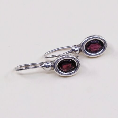 Vtg STERLING SILVER earrings with Oval ruby dangles stamped 925