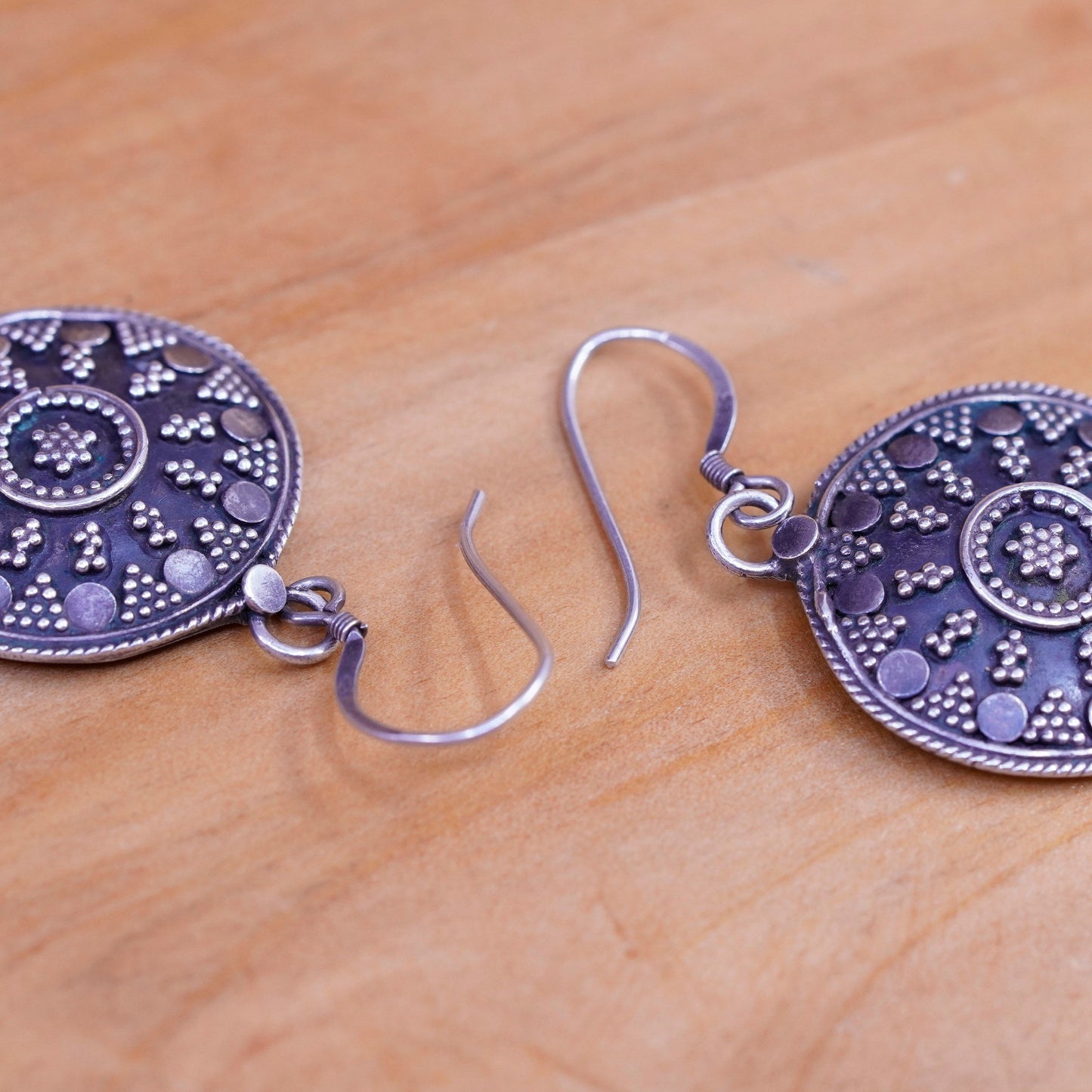 Vintage Sterling silver handmade earrings, 925 beaded disc drops
