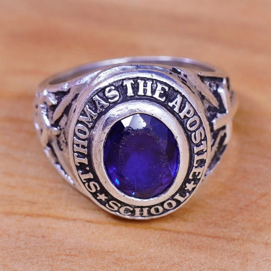 Size 7, vintage Sterling 925 silver handmade ring with sapphire and name Thomas