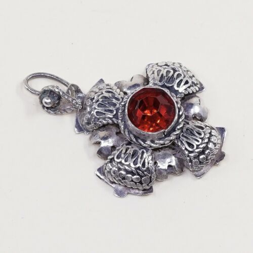 Vtg Filigree Jerusalem Cross Pendant 999 Sterling Silver W/ Glass Ruby