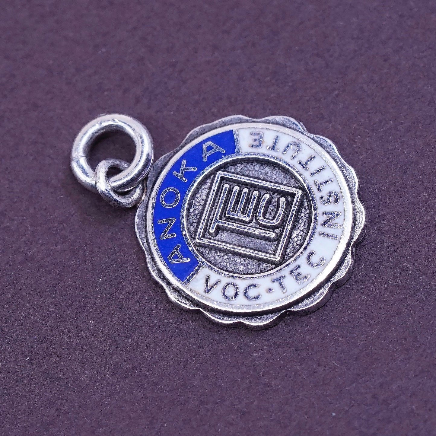 vtg Sterling silver handmade charm, 925 enamel tag, anoka voc-tec institute