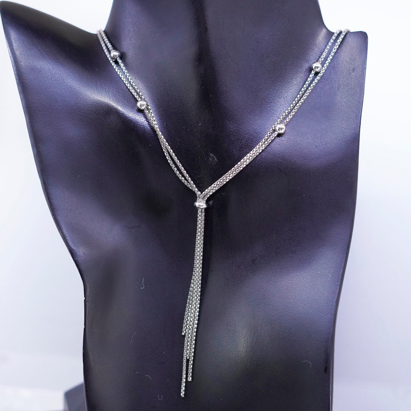 18+2”, Sterling 925 silver double strands popcorn chain necklace fringe pendant