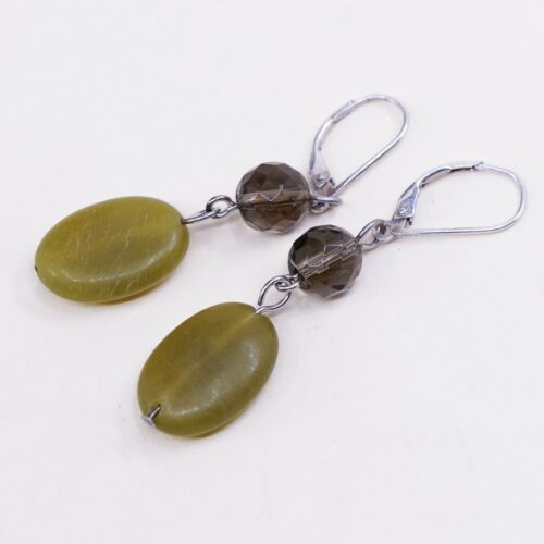 vtg sterling silver handmade earrings, 925 with jade dangles, Stamped 925