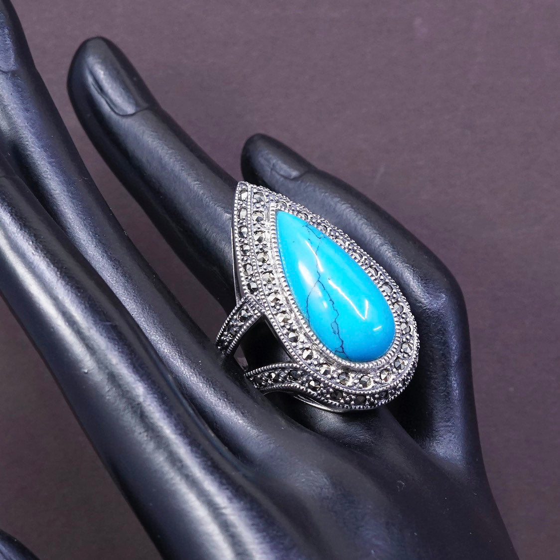 sz 7.25, Sterling silver handmade ring, 925 w/ teardrop turquoise and marcasite