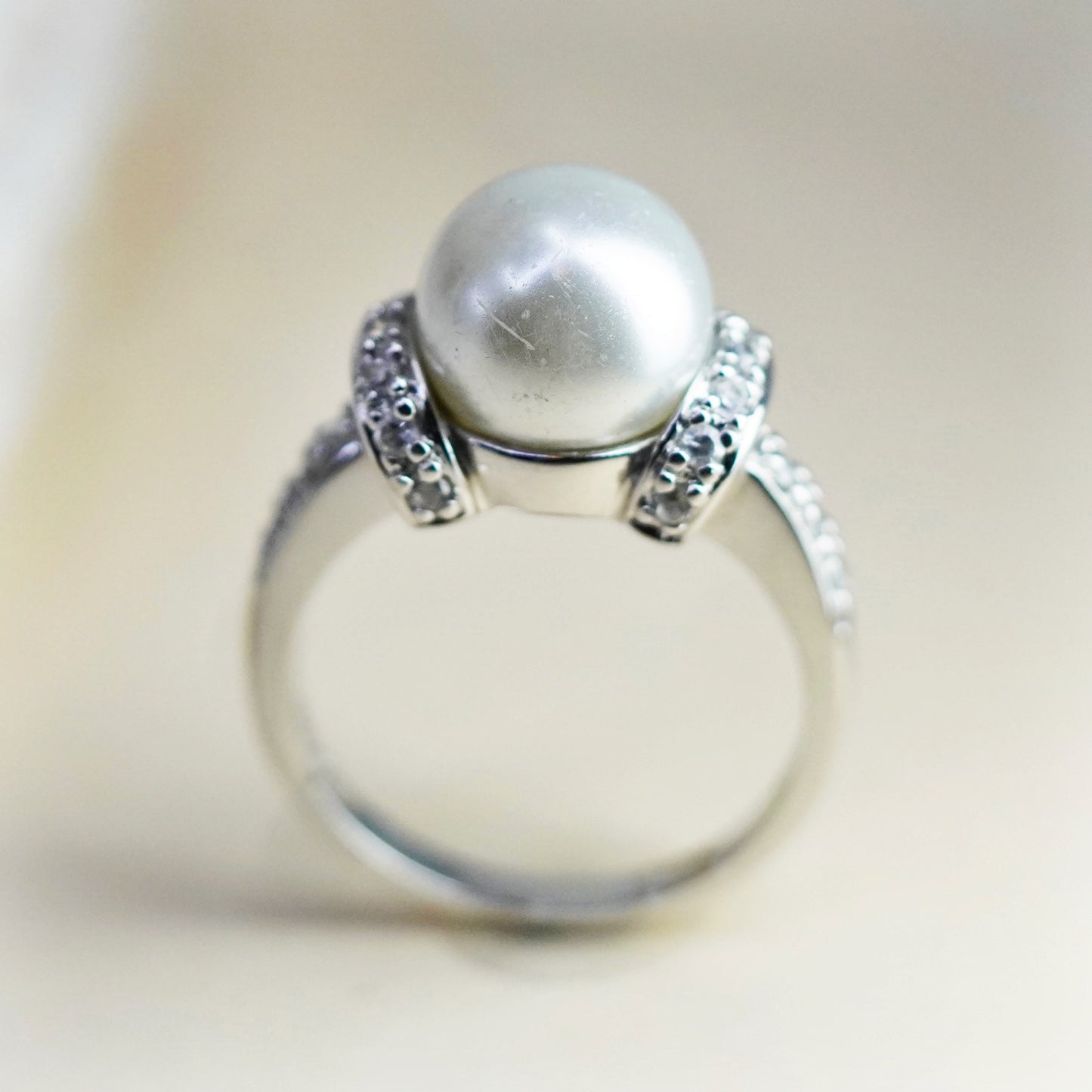 Size 7, Vintage sterling 925 silver handmade ring with faux pearl and cz