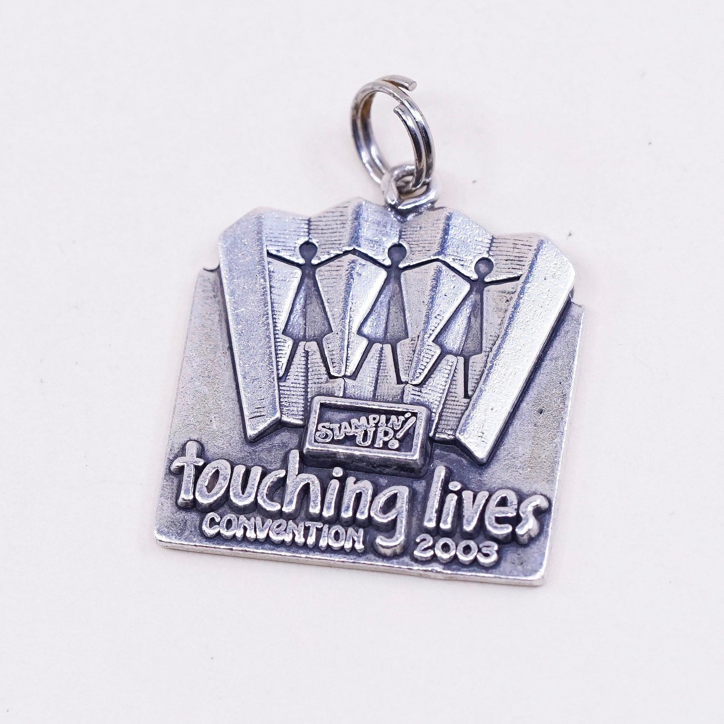 Vintage sterling silver handmade pendant, 925 tag charm with “touching lives”