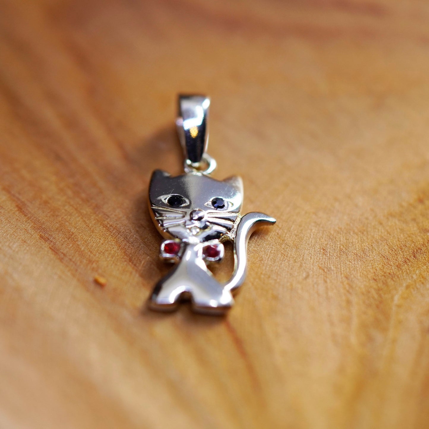 Vintage Sterling silver handmade pendant, 925 cat, kitty charm with crystal