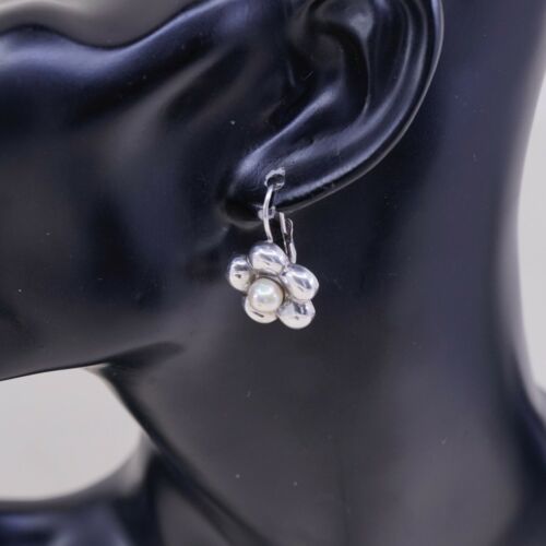 Vtg Sterling Silver Handmade Earrings W/ Flower N Pearl, Stamped 925 Italy