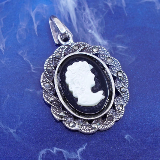 Vintage Sterling 925 silver handmade pendant w/ mother of pearl cameo Marcasite