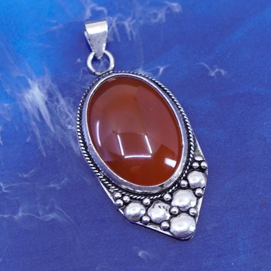 Vintage sterling 925 silver handmade pendant with oval carnelian and beads