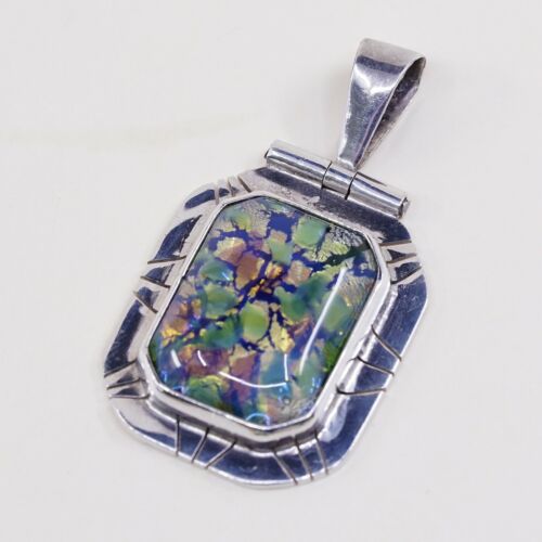 Vtg Sterling Silver Handmade Pendant, Mexico 950 With Vivic Green Foiled Glass