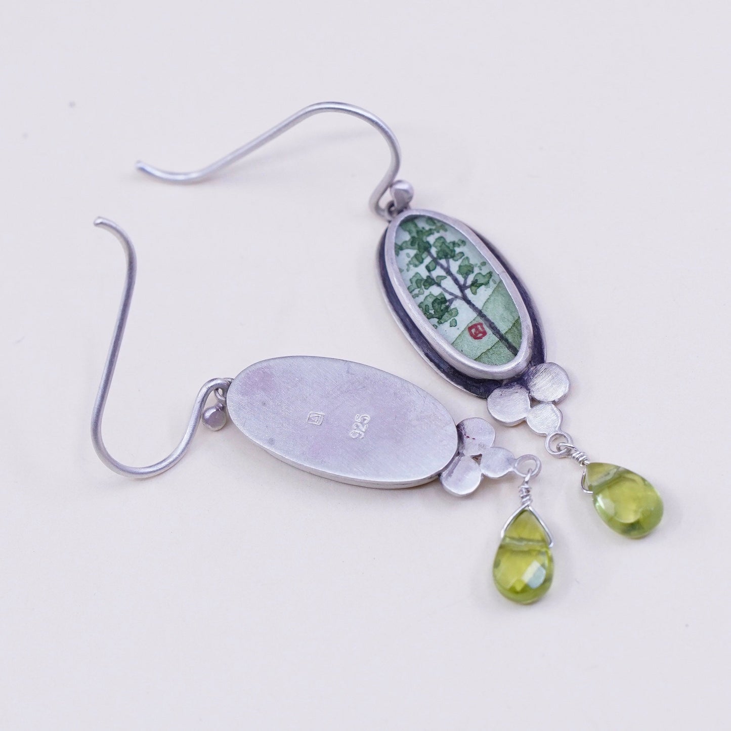 Designer Ananda KHALSA Sterling 925 silver handmade earrings, watercolor green spring maple and peridot drop, stamped 925 A