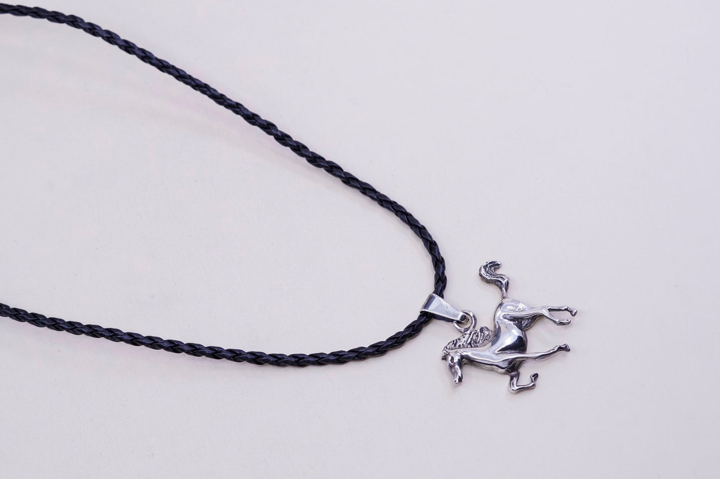 16”, sterling silver handmade necklace, 925 horse pendant black leather chain