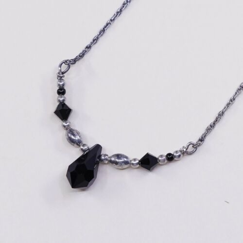 18”, Vtg Sterling 925 Silver handmade Singapore Necklace W/ Obsidian Pendant