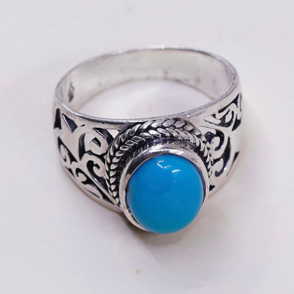 sz 10, vtg sterling silver ring, handmade 925 ring w/ turquoise n Filigree