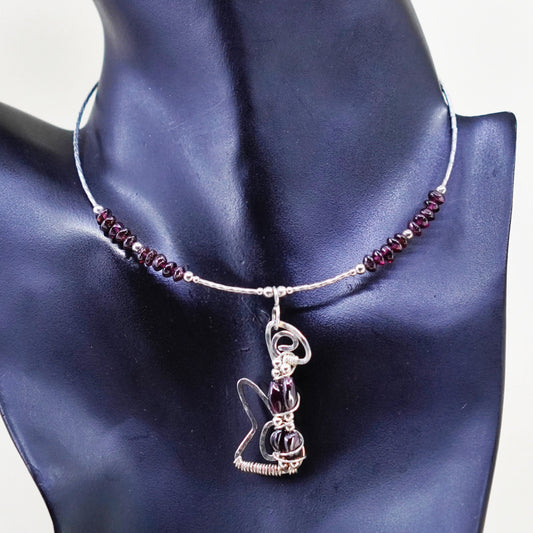 13”, Sterling 925 silver handmade choker collar necklace with garnet pendant