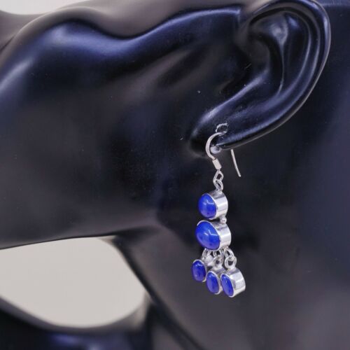 Vtg Sterling Silver Handmade Earrings W/ Blue Onyx Beads Dangles, Stamped 925