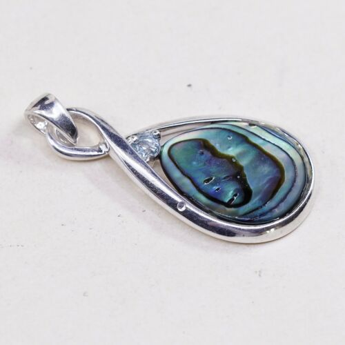 Vtg Sterling 925 Silver Handmade Pendant W/ Teardrop Abalone N Sapphire Detail