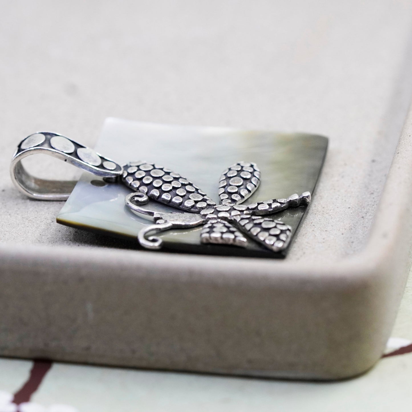 Vintage Sterling 925 silver dragonfly pendant with square abalone