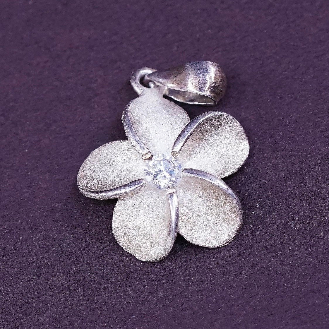 vtg Sterling silver handmade plumeria flower pendant, 925 charm w/ Cz