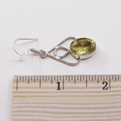 Vtg Sterling Silver Handmade Earrings, 925 Dangles W/ Oval Shaped Citrine