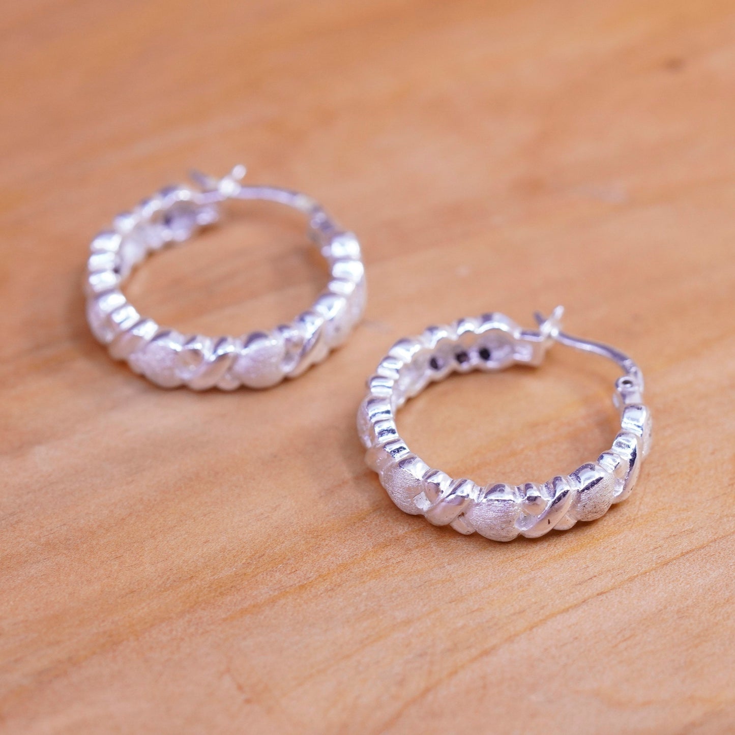 0.75”, Vintage Sterling silver handmade earrings, 925 heart textured hoops