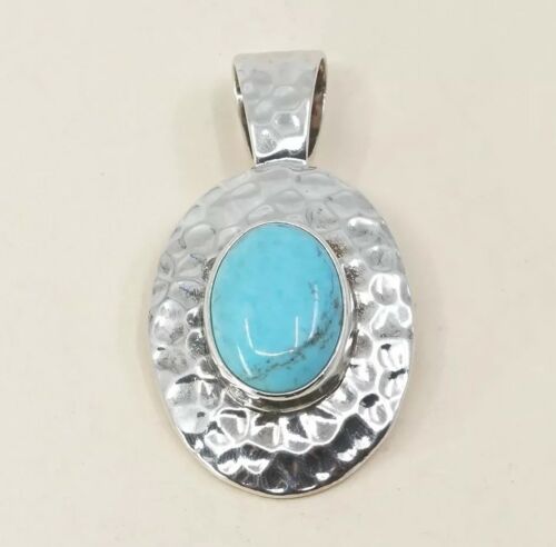 Vintage Sterling Silver Handmade Pendant, Hammered 925 W/ Oval Turquoise, Signed