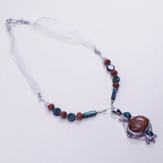 18+2”, vintage 925 Sterling Silver necklace with malachite and goldstone