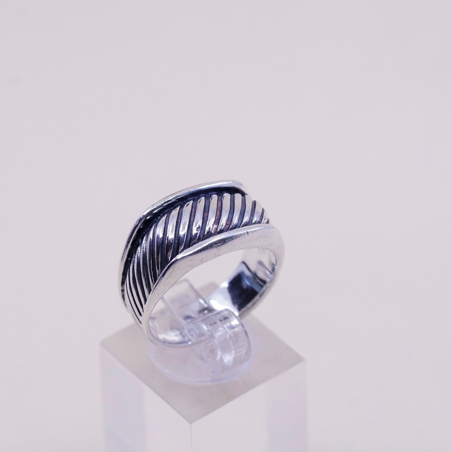 Size 9.25, vtg sterling silver handmade statement ring, 925 cable ribbed band