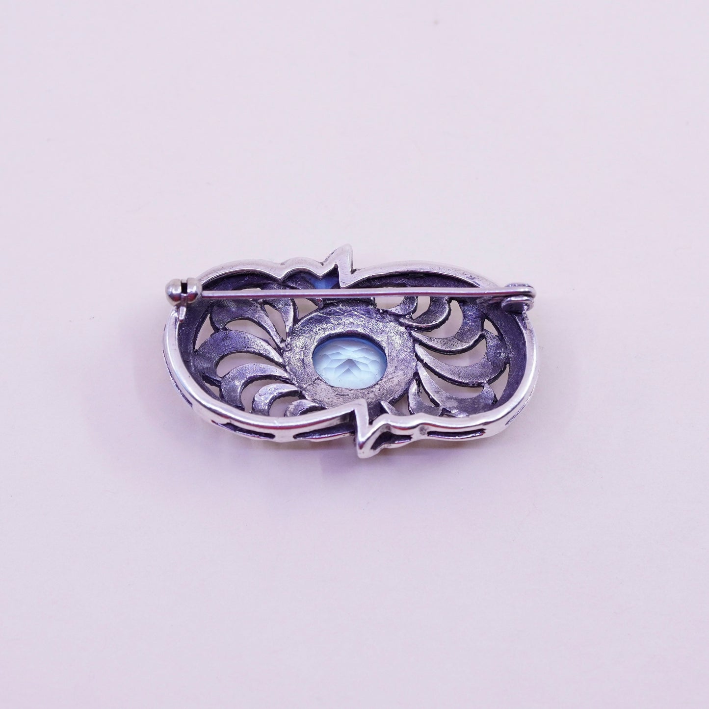 Vintage Sterling 925 silver handmade filigree brooch with topaz and marcasite