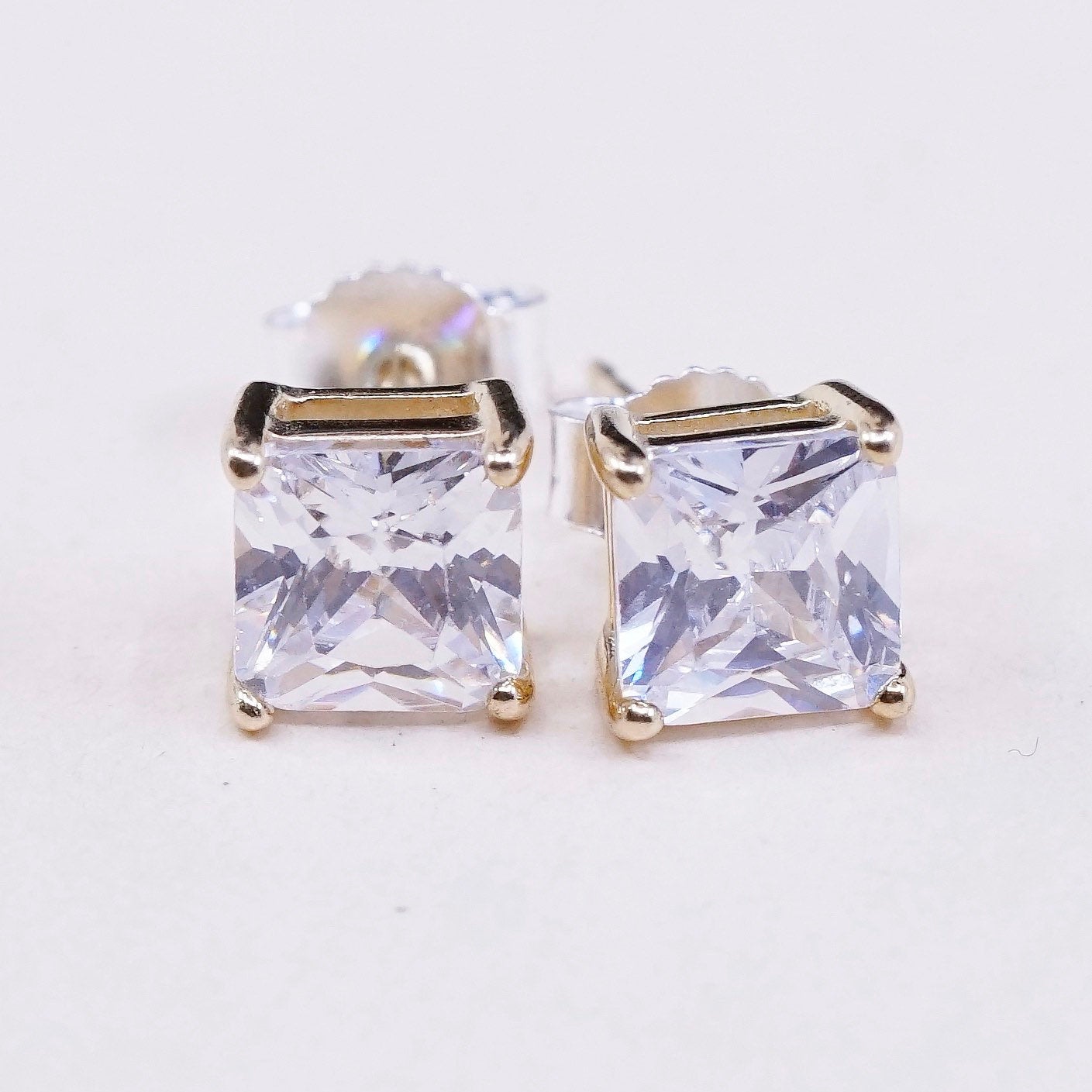 vtg vermeil gold over sterling silver square CZ studs, minimalist earrings