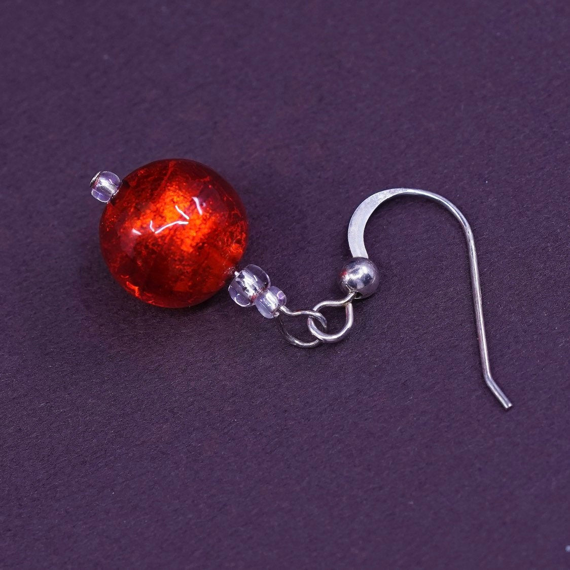 vtg Sterling silver handmade earrings, 925 red glass beads, Silver tested