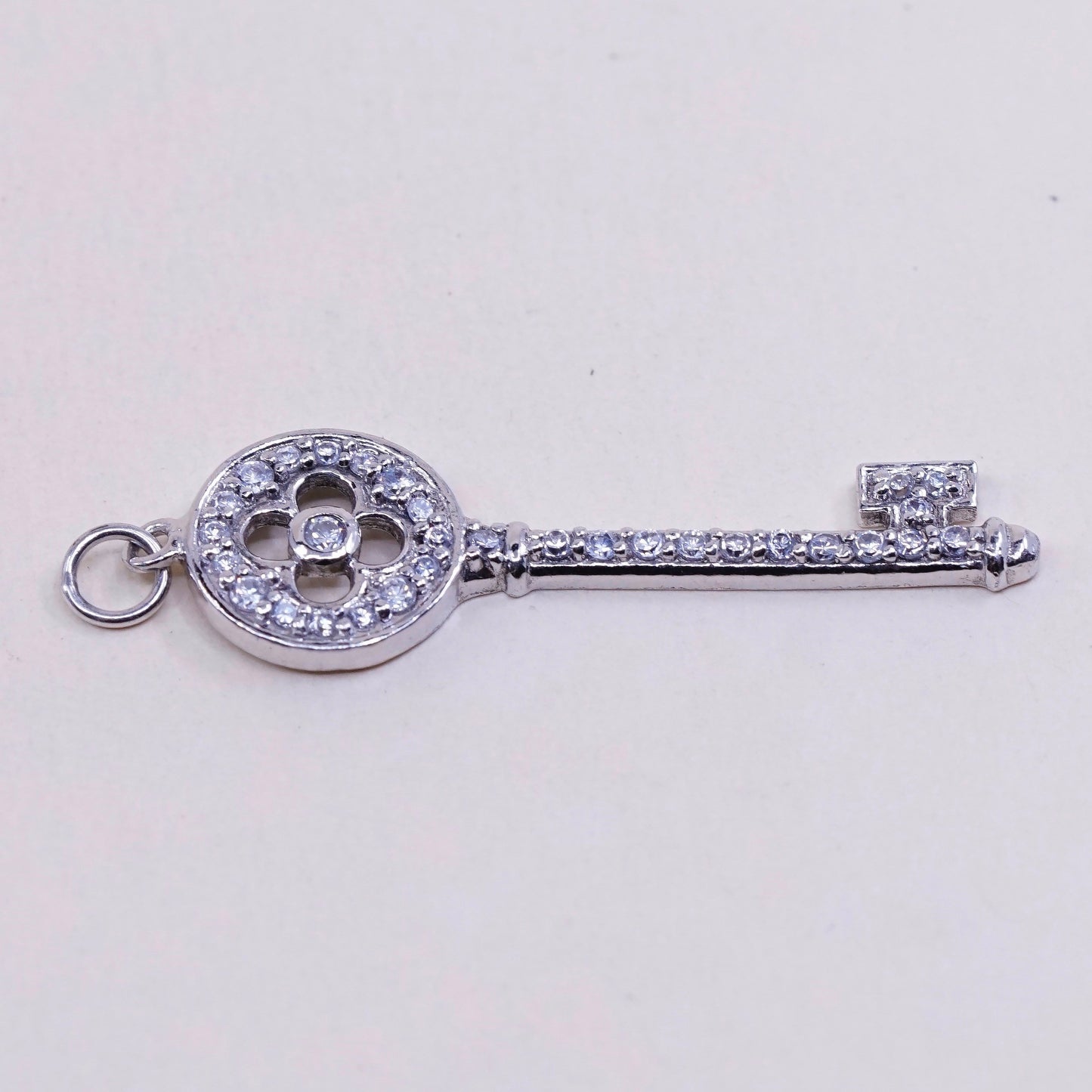 Vintage sterling silver key with cz crystal pendant, 925 silver charm