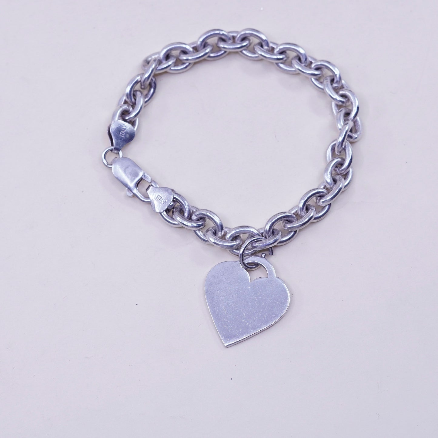 6.75”, Vintage sterling silver circle link bracelet, 925 chain with heart charm